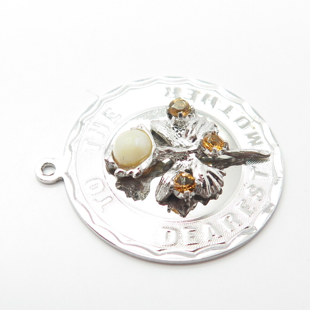 925 Sterling Silver Vintage Pearl & Citrine Gem "To The Dearest Mother" Pendant