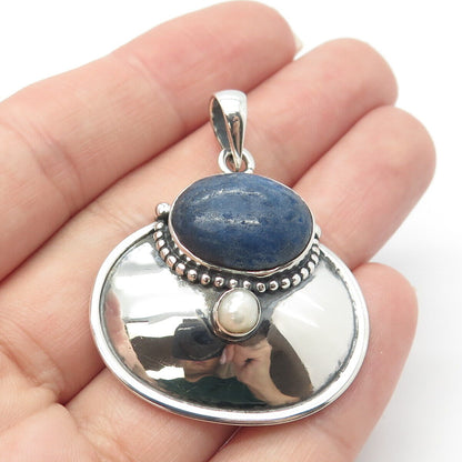 925 Sterling Silver Vintage Real Lapis Lazuli Gemstone & Pearl Pendant