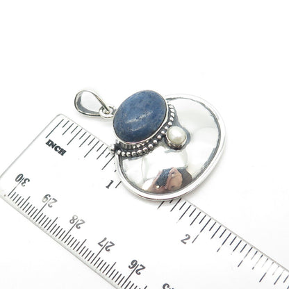 925 Sterling Silver Vintage Real Lapis Lazuli Gemstone & Pearl Pendant