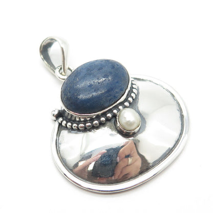 925 Sterling Silver Vintage Real Lapis Lazuli Gemstone & Pearl Pendant