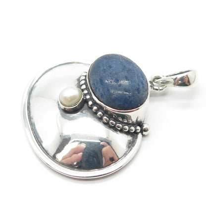 925 Sterling Silver Vintage Real Lapis Lazuli Gemstone & Pearl Pendant