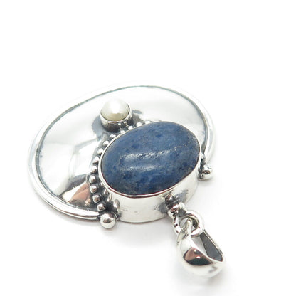 925 Sterling Silver Vintage Real Lapis Lazuli Gemstone & Pearl Pendant