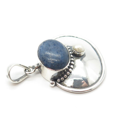 925 Sterling Silver Vintage Real Lapis Lazuli Gemstone & Pearl Pendant