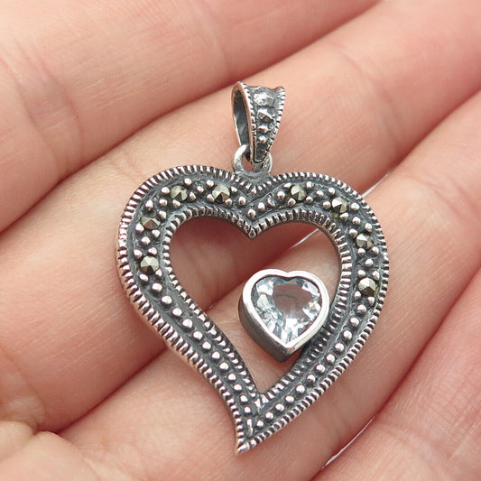 925 Sterling Silver Vintage Real Blue Topaz & Marcasite Gemstone Heart Pendant