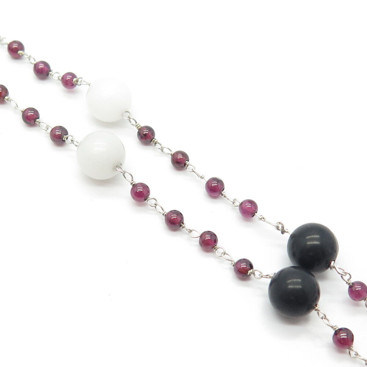 925 Sterling Silver Real White Black Onyx & Amethyst Gem Bead Chain Necklace 18"