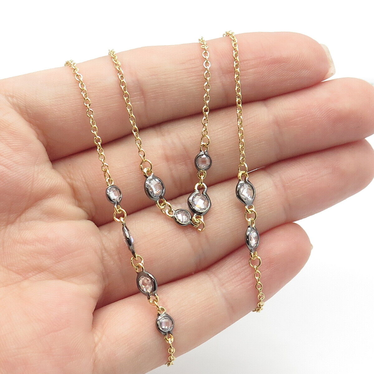 925 Sterling Silver 2-Tone C Z Rolo Chain Necklace 60"