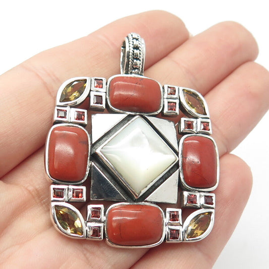 925 Sterling Silver Vintage Real Mother-of-Pearl Red Jasper Citrine Gem Pendant