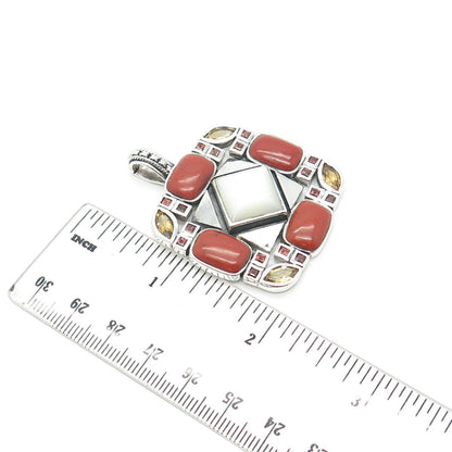 925 Sterling Silver Vintage Real Mother-of-Pearl Red Jasper Citrine Gem Pendant