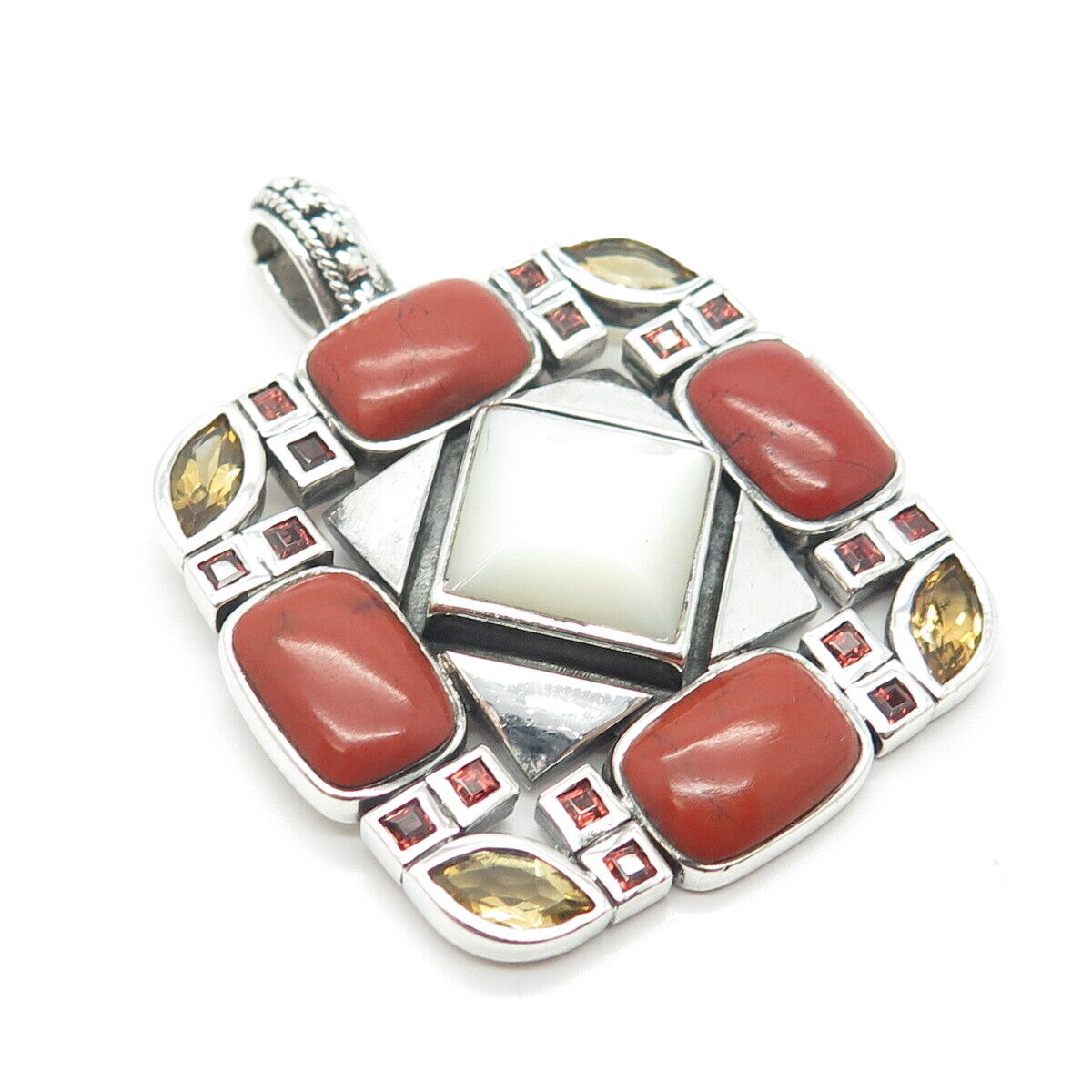 925 Sterling Silver Vintage Real Mother-of-Pearl Red Jasper Citrine Gem Pendant