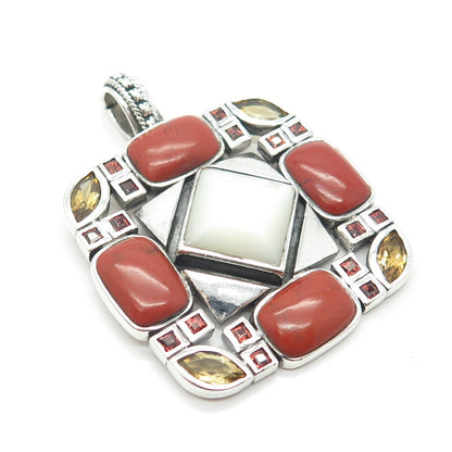 925 Sterling Silver Vintage Real Mother-of-Pearl Red Jasper Citrine Gem Pendant