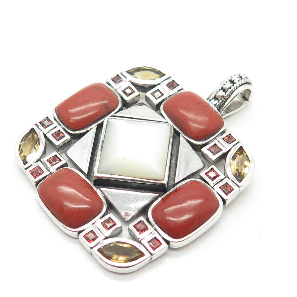 925 Sterling Silver Vintage Real Mother-of-Pearl Red Jasper Citrine Gem Pendant