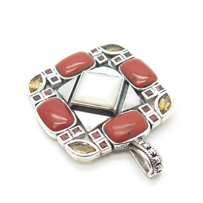 925 Sterling Silver Vintage Real Mother-of-Pearl Red Jasper Citrine Gem Pendant