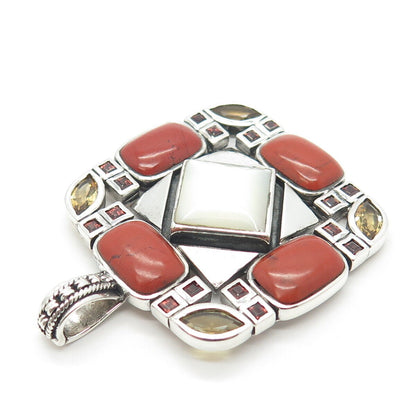 925 Sterling Silver Vintage Real Mother-of-Pearl Red Jasper Citrine Gem Pendant