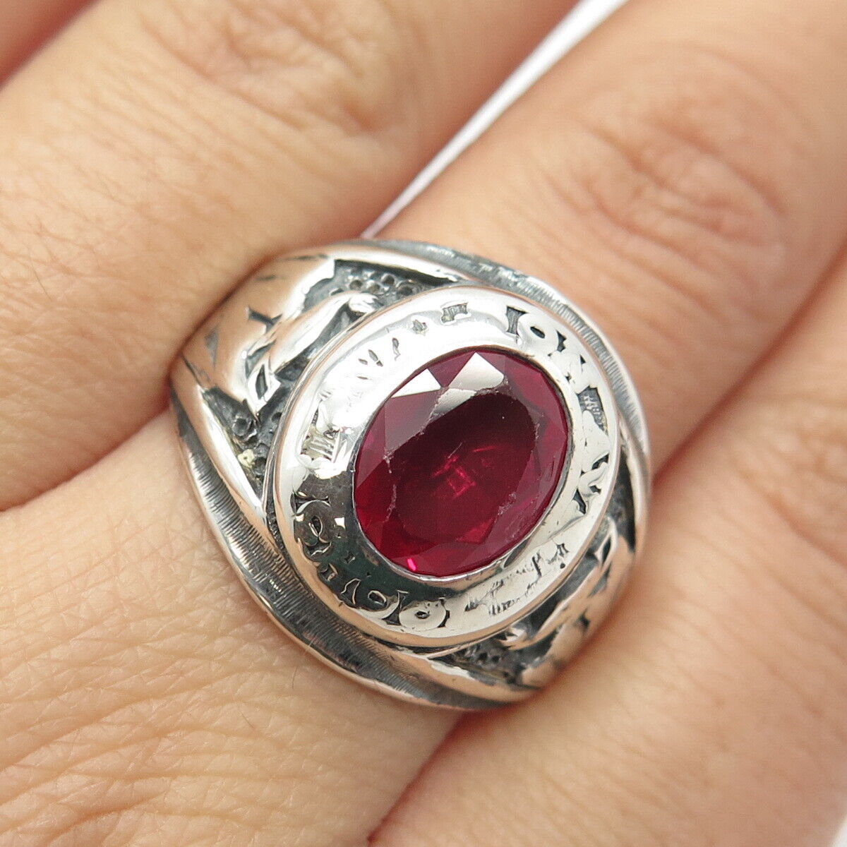 925 Sterling Silver Vintage 1966 Lab-Created Ruby Gem School Ring Size 10.25