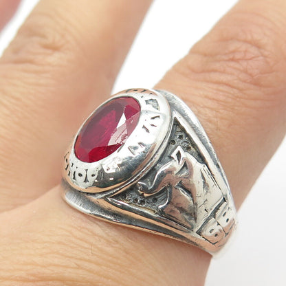 925 Sterling Silver Vintage 1966 Lab-Created Ruby Gem School Ring Size 10.25