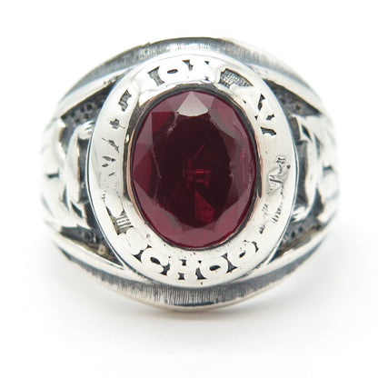 925 Sterling Silver Vintage 1966 Lab-Created Ruby Gem School Ring Size 10.25