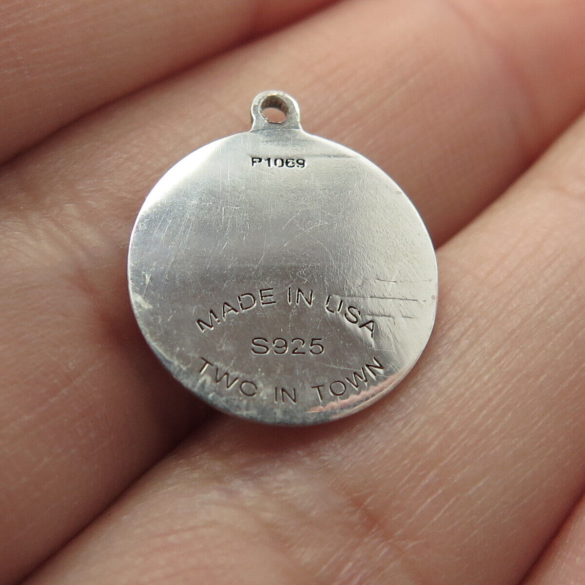 925 Sterling Silver USA Two In Town Etched Charm Pendant