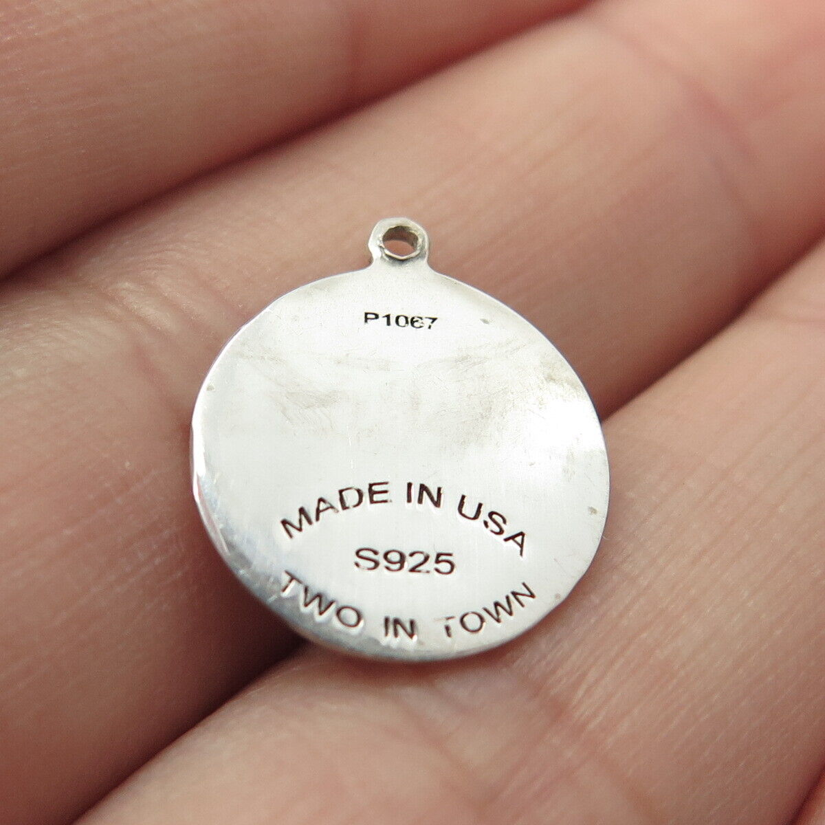 925 Sterling Silver USA Two In Town Etched Charm Pendant