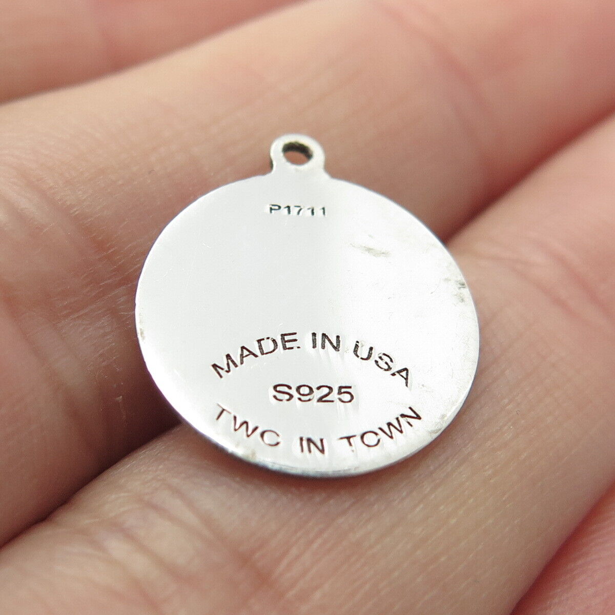 925 Sterling Silver USA Two In Town Etched Charm Pendant