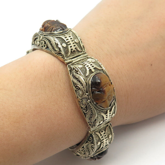 925 Sterling Silver Antique Real Tiger Eye Gemstone Filigree Bracelet 7.25"