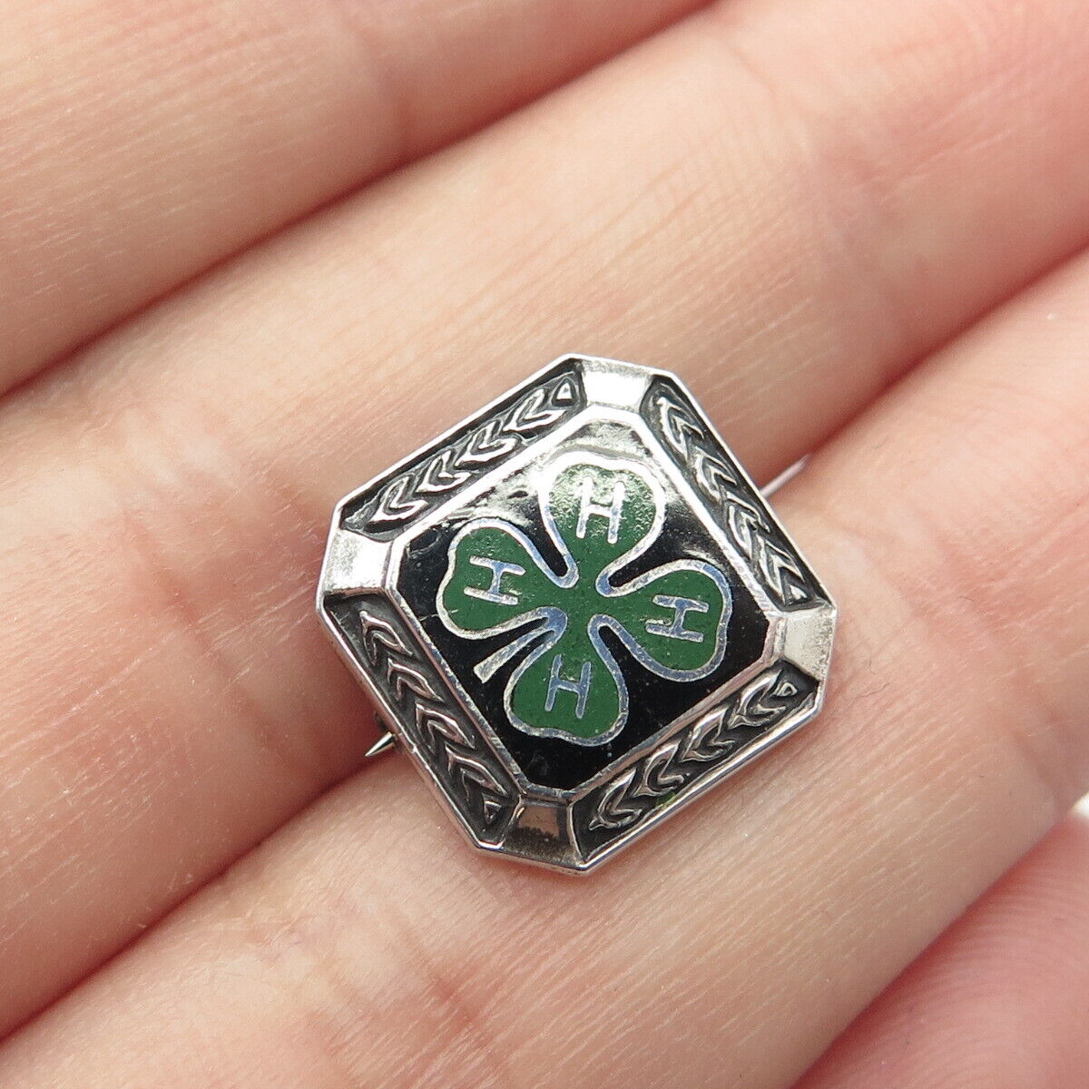 925 Sterling Silver Enamel Vintage Metal Illinois State 4-H Clover Pin Brooch