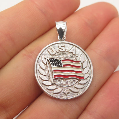 925 Sterling Silver Vintage Enamel USA Flag Round Pendant