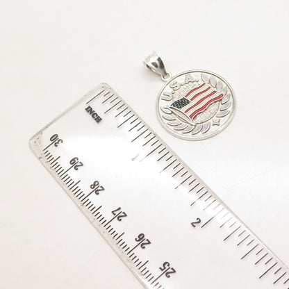 925 Sterling Silver Vintage Enamel USA Flag Round Pendant