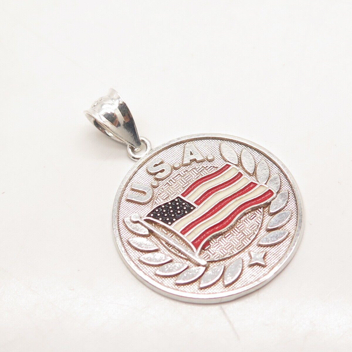 925 Sterling Silver Vintage Enamel USA Flag Round Pendant