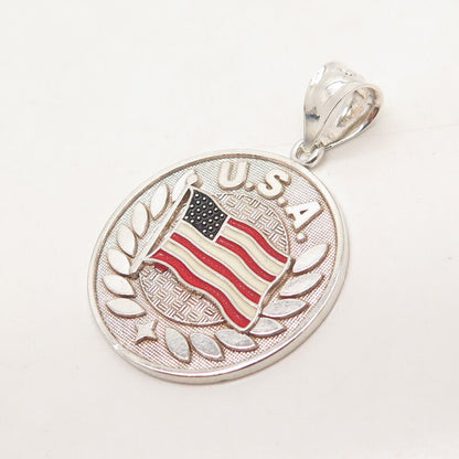 925 Sterling Silver Vintage Enamel USA Flag Round Pendant