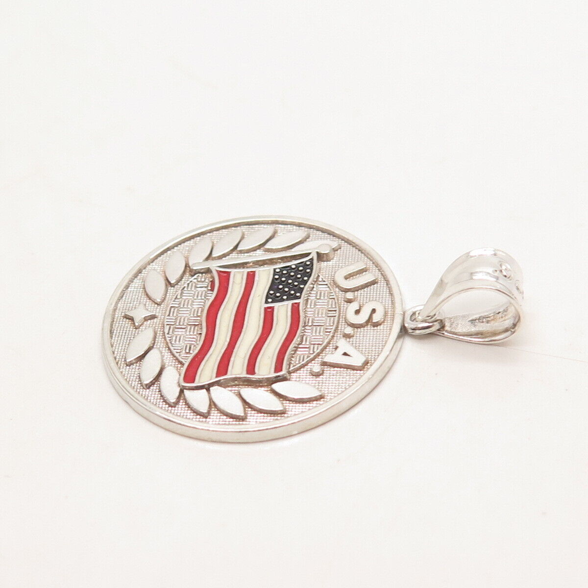 925 Sterling Silver Vintage Enamel USA Flag Round Pendant