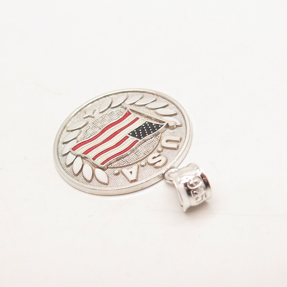 925 Sterling Silver Vintage Enamel USA Flag Round Pendant