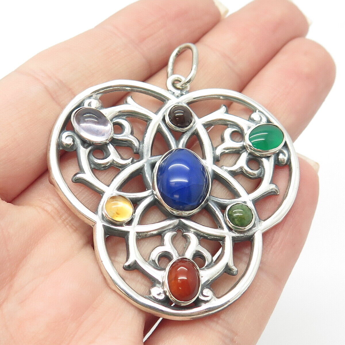 925 Sterling Silver Vintage Lapis Lazuli Citrine Rhyolite Onyx Gem Pendant