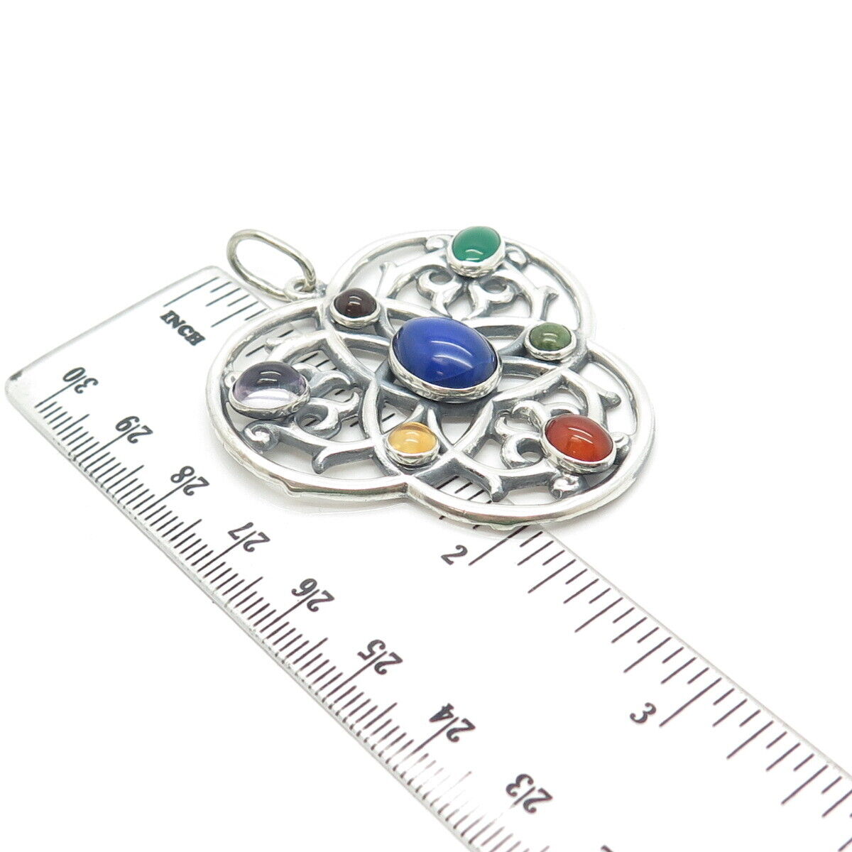 925 Sterling Silver Vintage Lapis Lazuli Citrine Rhyolite Onyx Gem Pendant