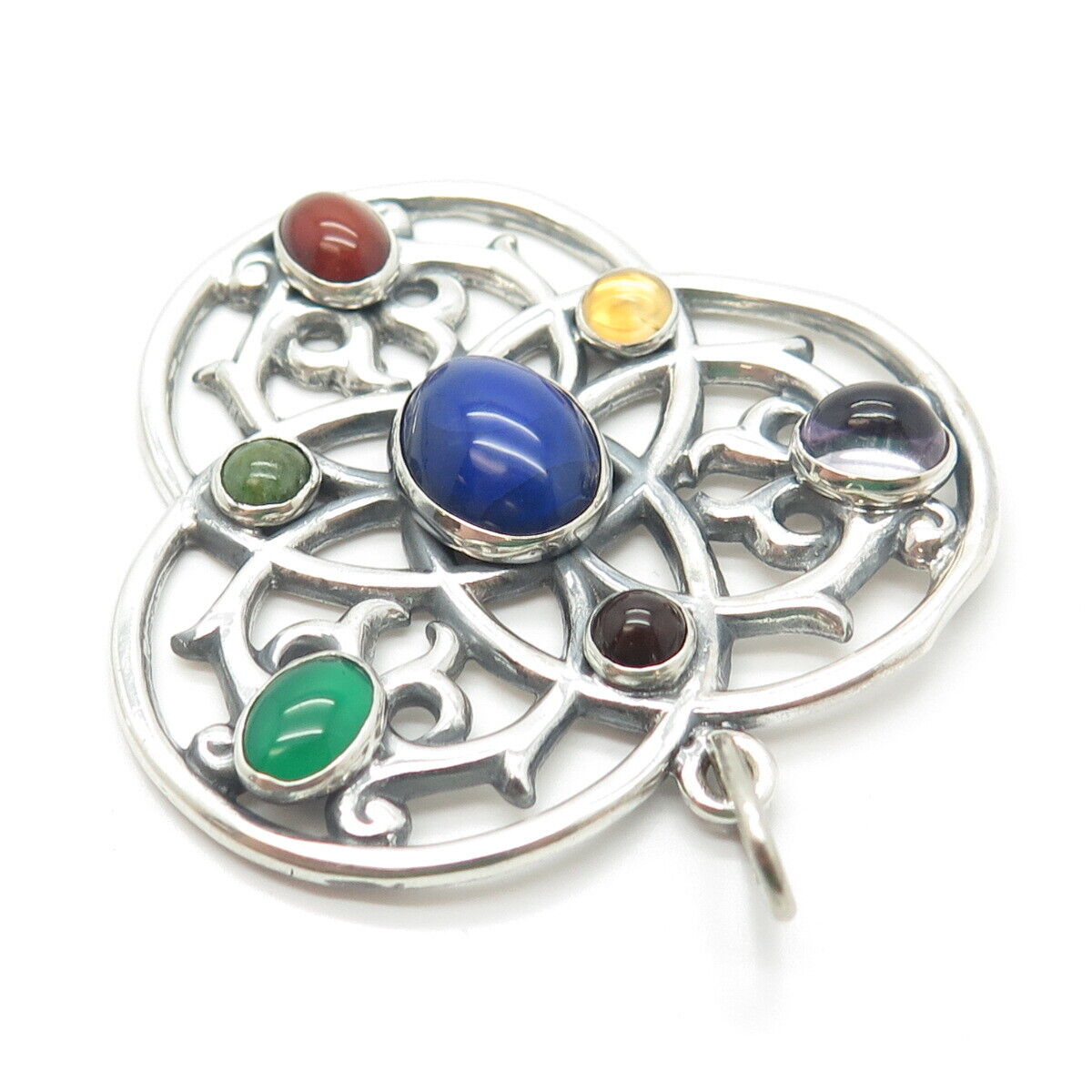 925 Sterling Silver Vintage Lapis Lazuli Citrine Rhyolite Onyx Gem Pendant