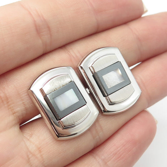 925 Sterling Silver Vintage Real Mother-of-Pearl & Hematite Gemstone Cufflinks