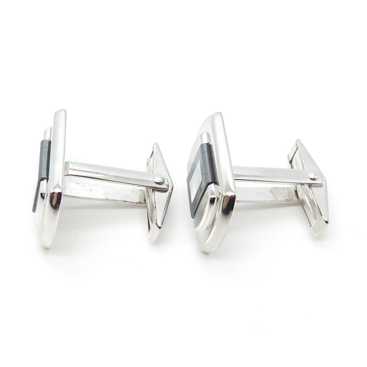 925 Sterling Silver Vintage Real Mother-of-Pearl & Hematite Gemstone Cufflinks