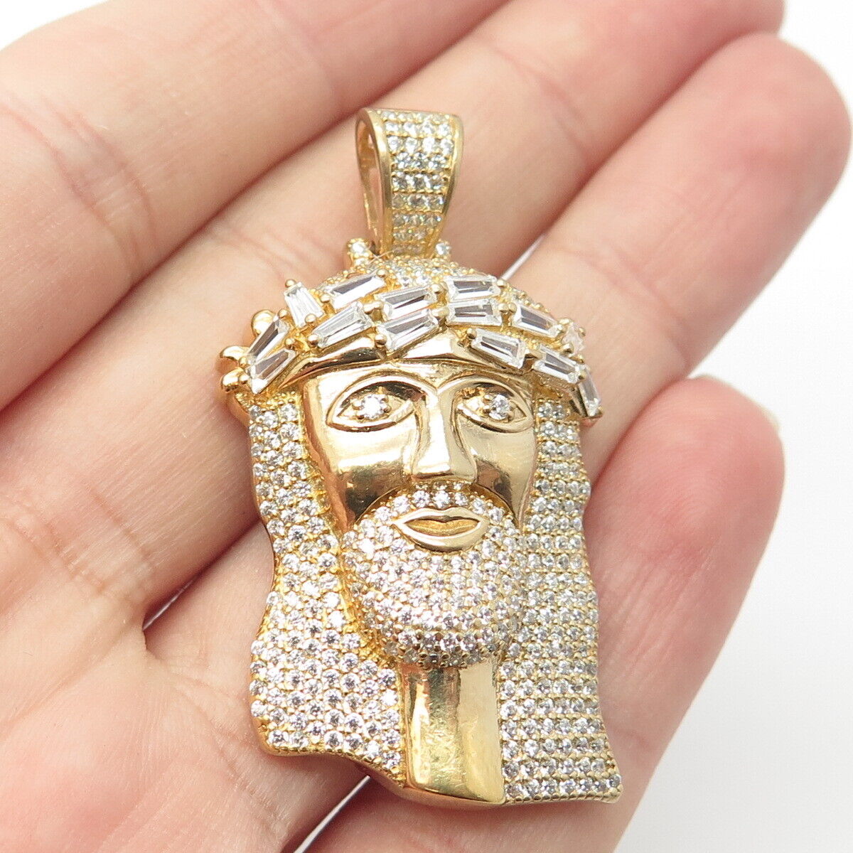 925 Sterling Silver Gold Plated Pave C Z Jesus Religious Pendant