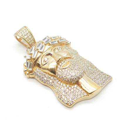 925 Sterling Silver Gold Plated Pave C Z Jesus Religious Pendant