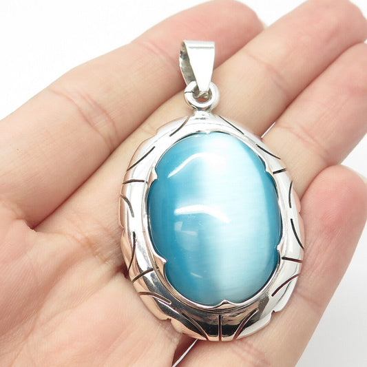 950 Silver Vintage Mexico Real Blue Fiber Optic Cat's Eye Gem Pendant