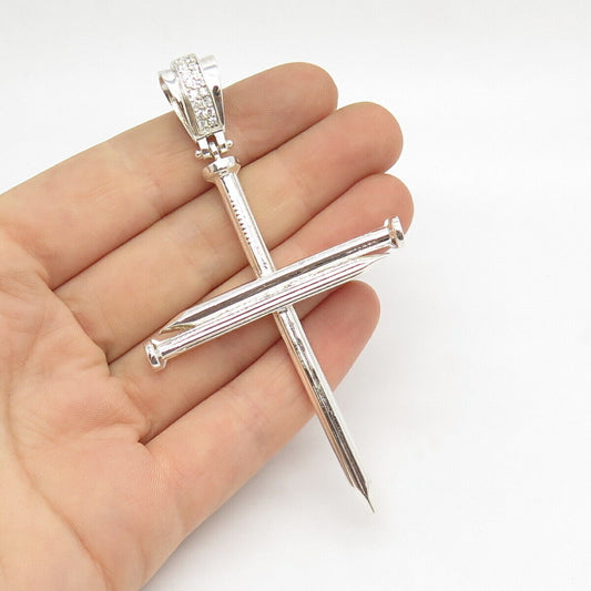 925 Sterling Silver Vintage C Z Cross Religious Nail Pendant