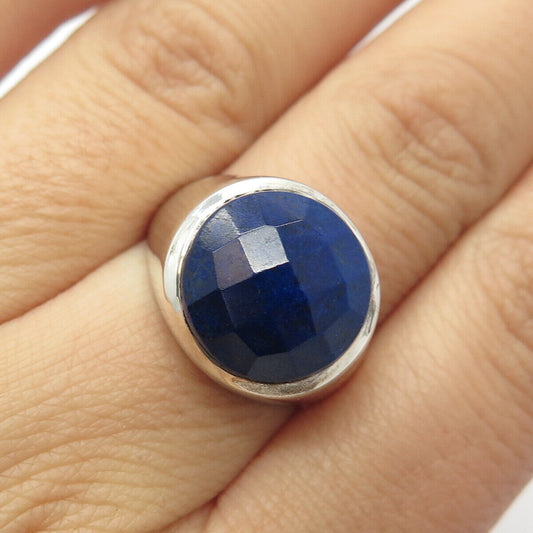 925 Sterling Silver Vintage Real Checkered Lapis Lazuli Gemstone Ring Size 7.75