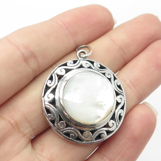 925 Sterling Silver Vintage Real Mother-of-Pearl Ornate Pendant