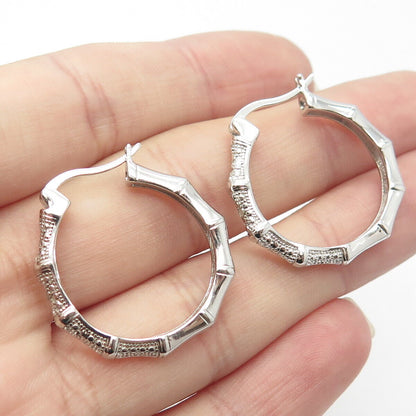 925 Sterling Silver Real Diamond Accent Bamboo Hinged Hoop Earrings