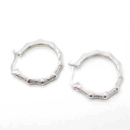 925 Sterling Silver Real Diamond Accent Bamboo Hinged Hoop Earrings