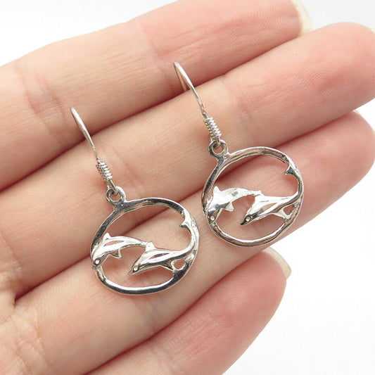 925 Sterling Silver Friendly Dolphin Dangling Hook Earrings