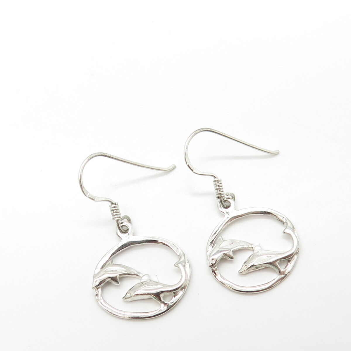 925 Sterling Silver Friendly Dolphin Dangling Hook Earrings