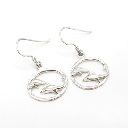 925 Sterling Silver Friendly Dolphin Dangling Hook Earrings