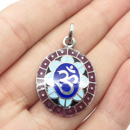 925 Sterling Silver Vintage Enamel Om Mantra Handmade Amulet Pendant