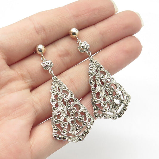 925 Sterling Silver Vintage Real Marcasite Gemstone Dangling Earrings