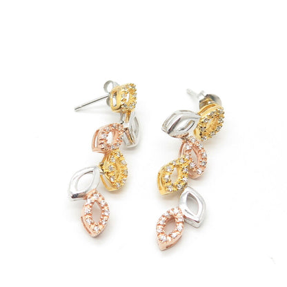 925 Sterling Silver 3-Tone C Z Dangling Earrings